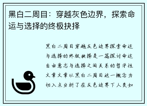 黑白二周目：穿越灰色边界，探索命运与选择的终极抉择