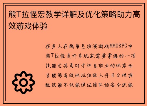 熊T拉怪宏教学详解及优化策略助力高效游戏体验
